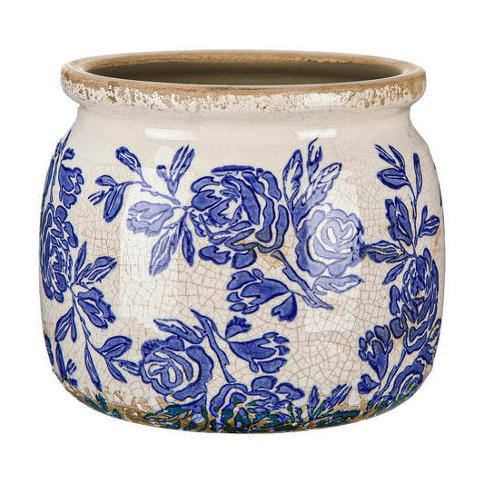 Vintage Chinoiserie Planter Large Ceramic Plant Pot / Blue Rose / Beige and Blue