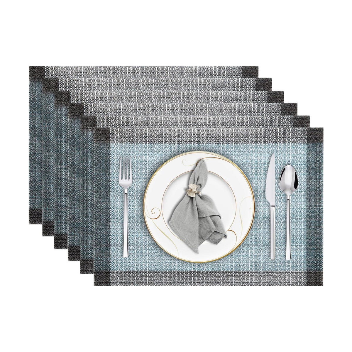 Niviy Blue Grey Ethnic Boho Placemats Set of 6, 12x18 Inch Linen Burlap Washable Durable Art Table Mats for Holiday Party Kitchen Dining Room Decoration