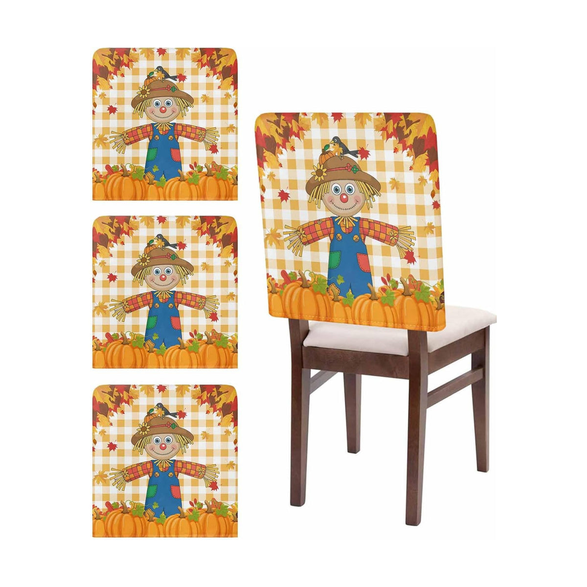 LooPoP Fall Chair Covers Set of 8 Scarecrows Crow Pumpkin Chair Slipcover Protector Stretch Chair Covers Maple Leaf Orange Buffalo Plaid Thanksgiving Chair Back Covers for Dining Chairs Kitchen Party