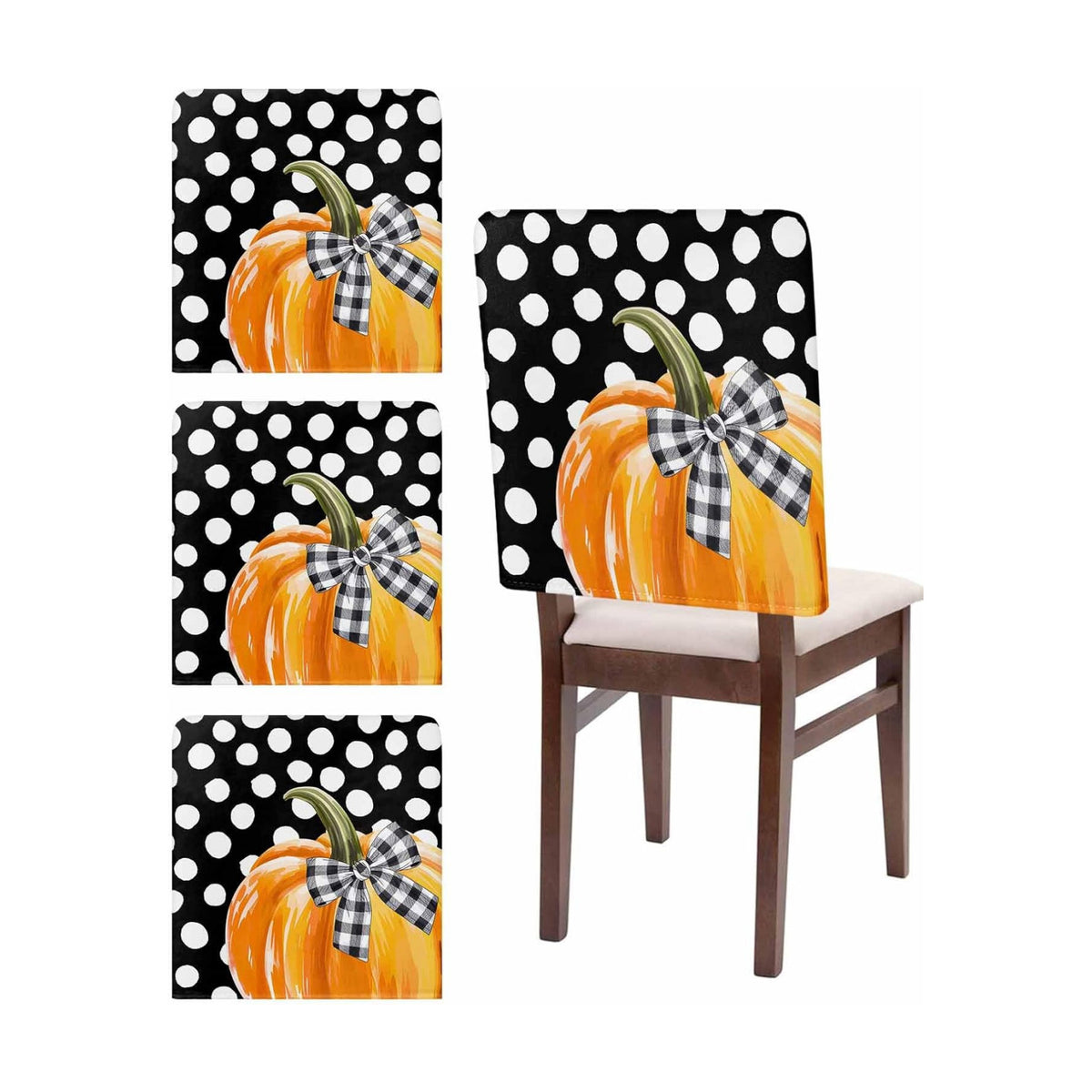 Fall Chair Covers Set of 8 Orange Pumpkin Chair Slipcover Protector Removable Stretch Chair Covers Bow Black White Polka Dots Thanksgiving Chair Back Covers for Dining Chairs Kitchen Holiday Party