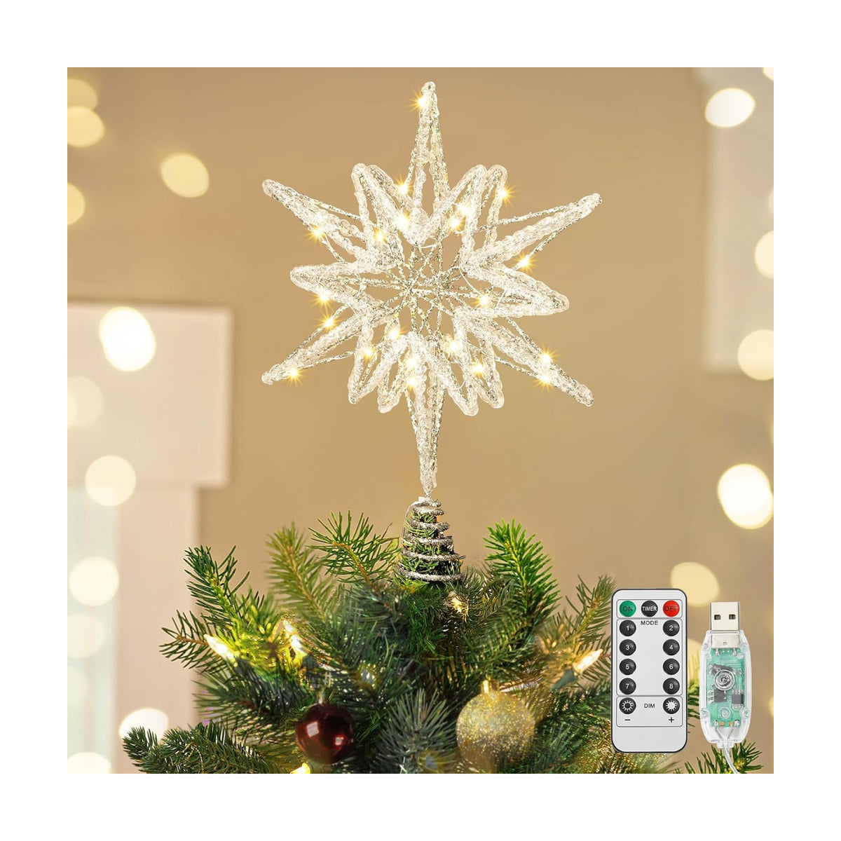 Luxspire Christmas Tree Topper, Lighted Star Tree Topper with USB Plug-in & Remote Control, 9.8" LED Metal Christmas Decorations Light, Xmas Trees Decor for Home Party, Crystal Hexagram-Silver