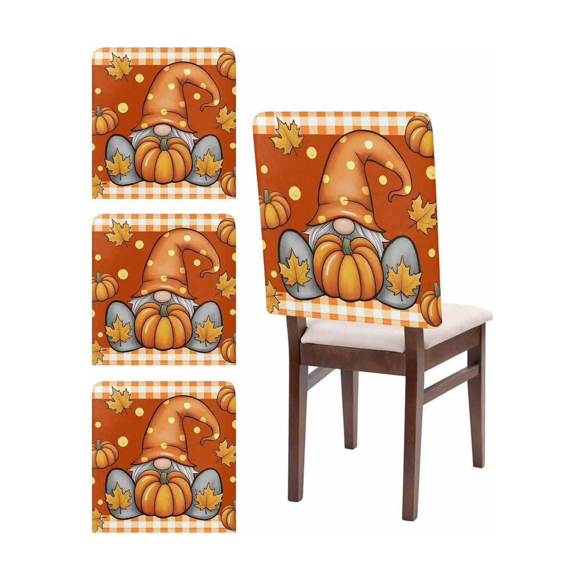 Fall Chair Covers Set of 4 Pumpkin Gnome Chair Slipcover Protector Removable Stretch Chair Covers Maple Leaf Orange Buffalo Plaid Thanksgiving Chair Back Covers for Dining Chairs Kitchen Holiday Party