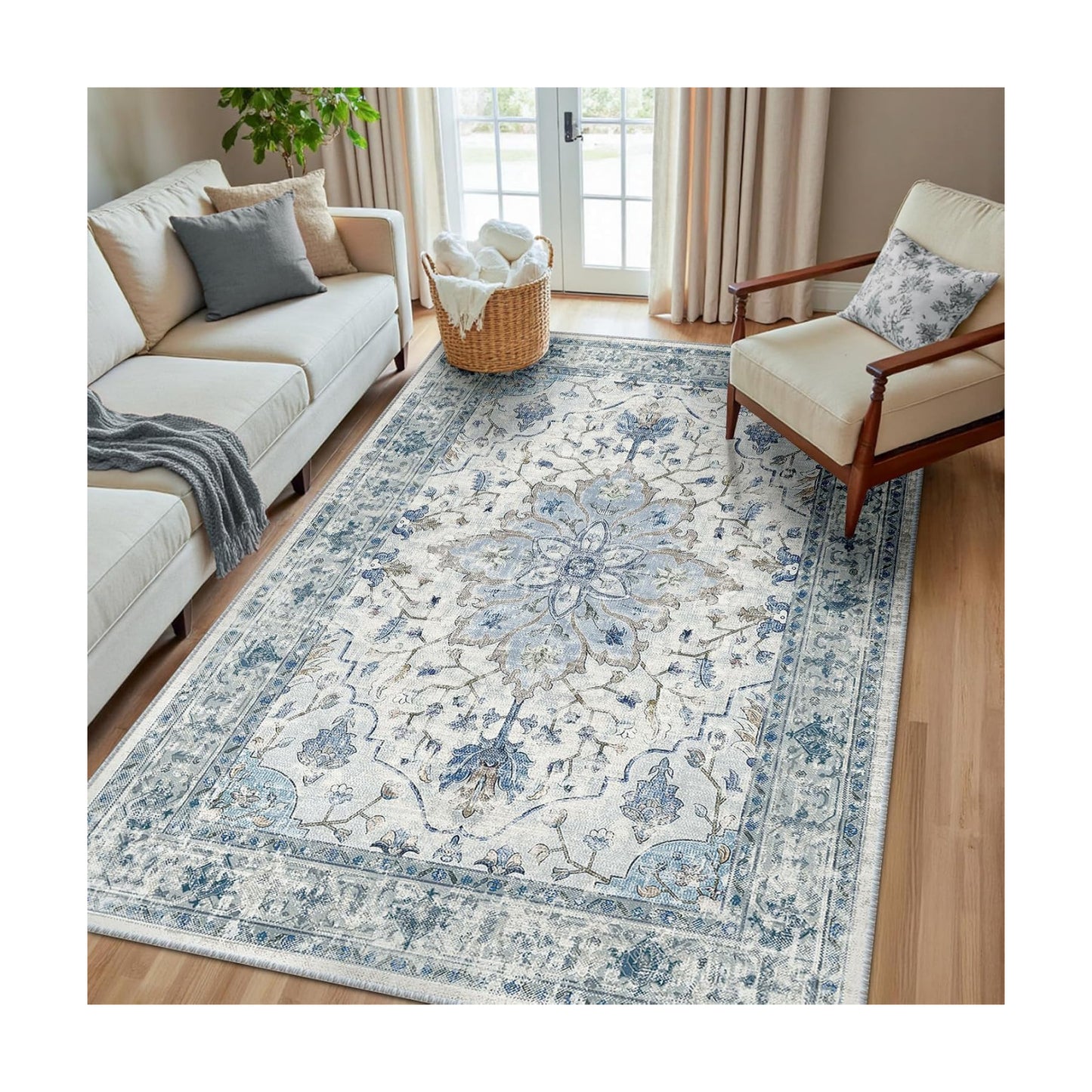 RELEANY Washable Area Rug, 6'x8', Blue/White/Gray
