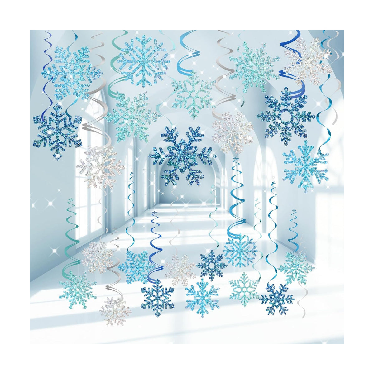 Winter Snowflake Hanging Decorations 30 Pcs Blue and Silver Christmas Ceiling Streamers Hanging Decorations Glittery Snowflakes Swirls for Wonderland Frozen Party and Christmas Decor