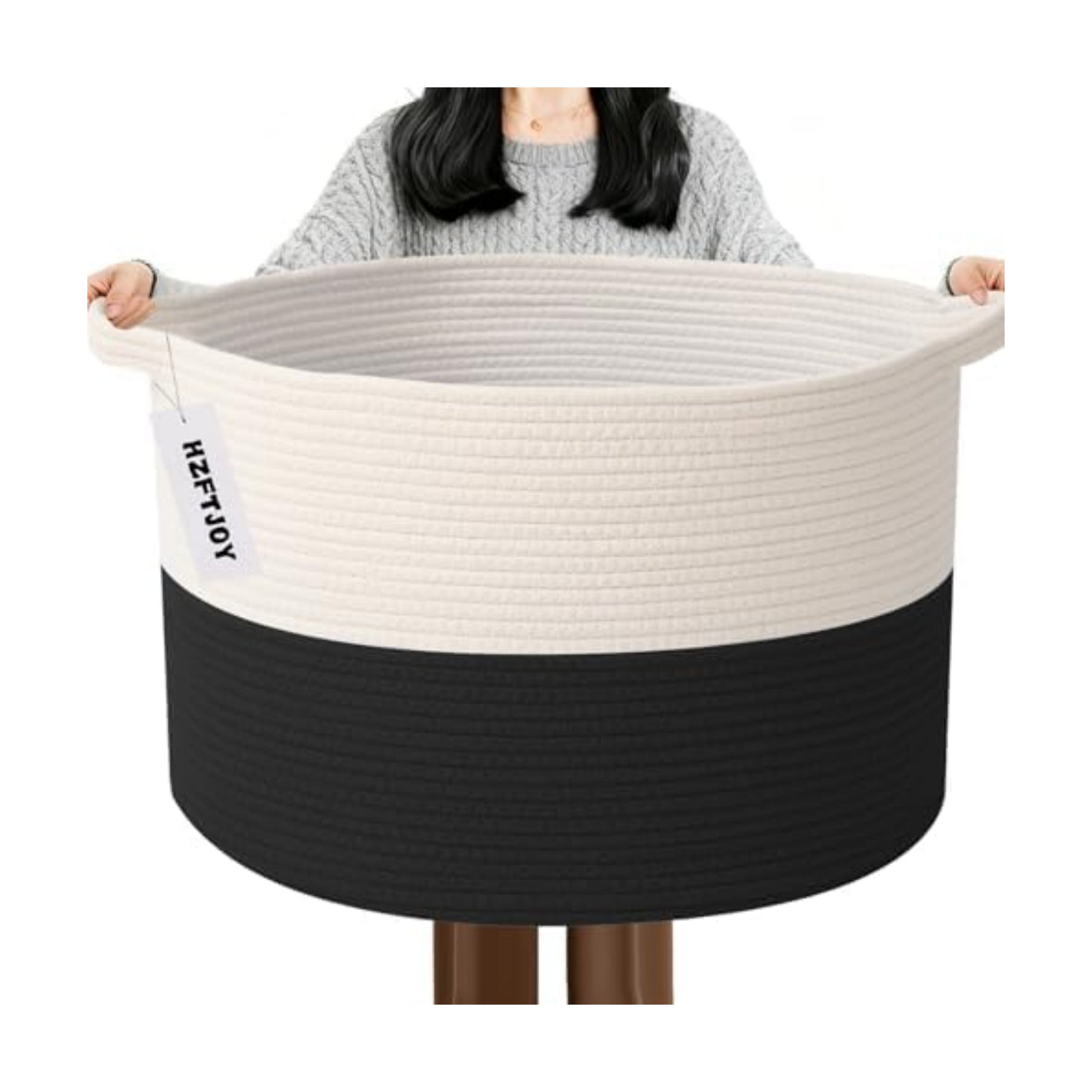 65L Large Blanket Basket,Woven Rope Laundry Basket-White&Black