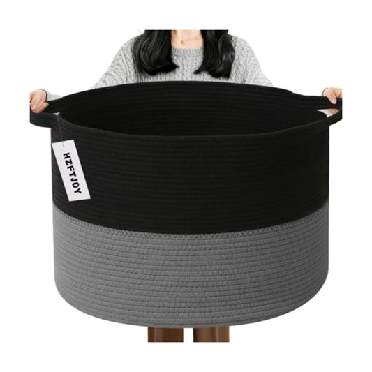115L Large Blanket Basket,Woven Rope Laundry Basket-Black&Dark Grey