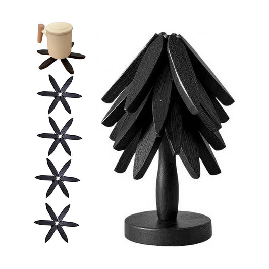Wooden Trivets for Hot Dishes, Tree Shape Trivet Set, 4 Walnut Wood + 1 Stand stored Like a Christmas Tree,Foldable