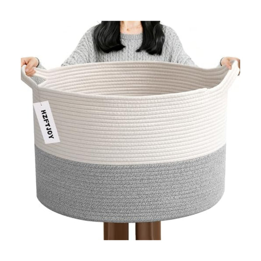 115L Extra Large Blanket Basket, Woven Laundry Basket-White&Grey