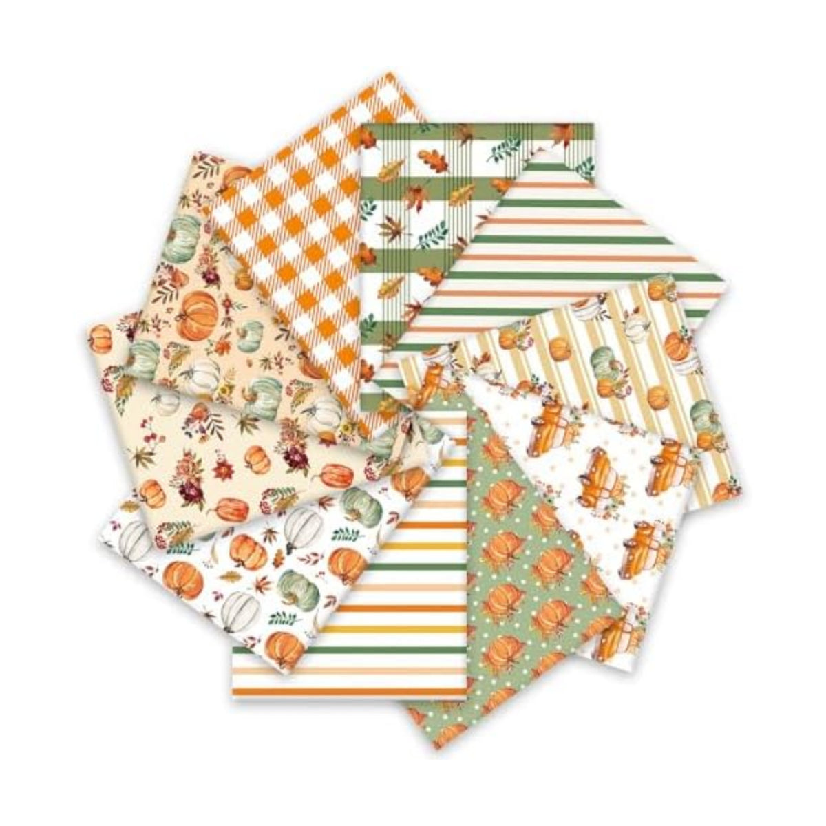 Whaline 10 Pcs Fall Cotton Fabric Bundles Pumpkin Truck Leaves Fat Quarters Green Orange Autumn Thanksgiving Quilting Patchwork for DIY Sewing Craft Decor, 18 x 22 Inch