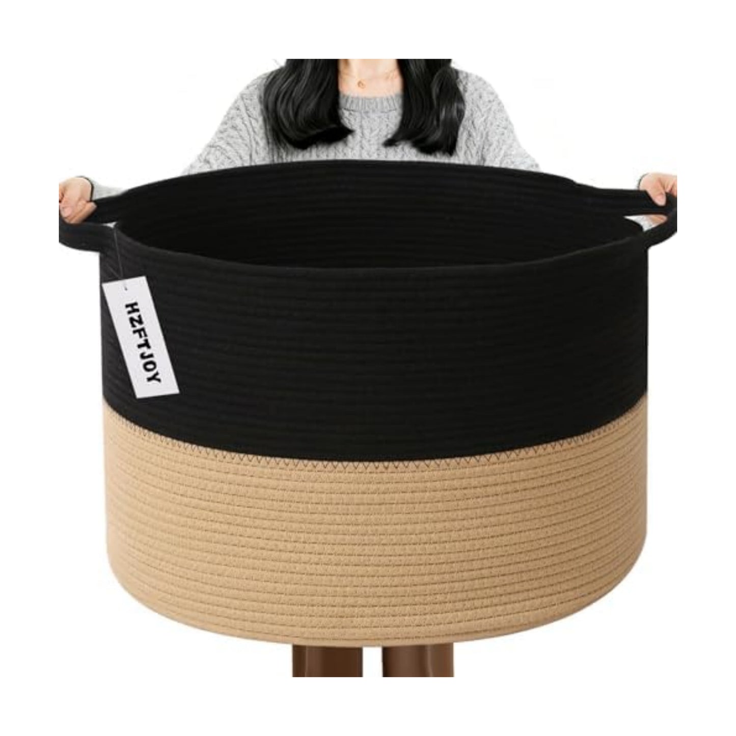 115L Extra Large Blanket Basket,Woven Laundry Basket-Black&Camel