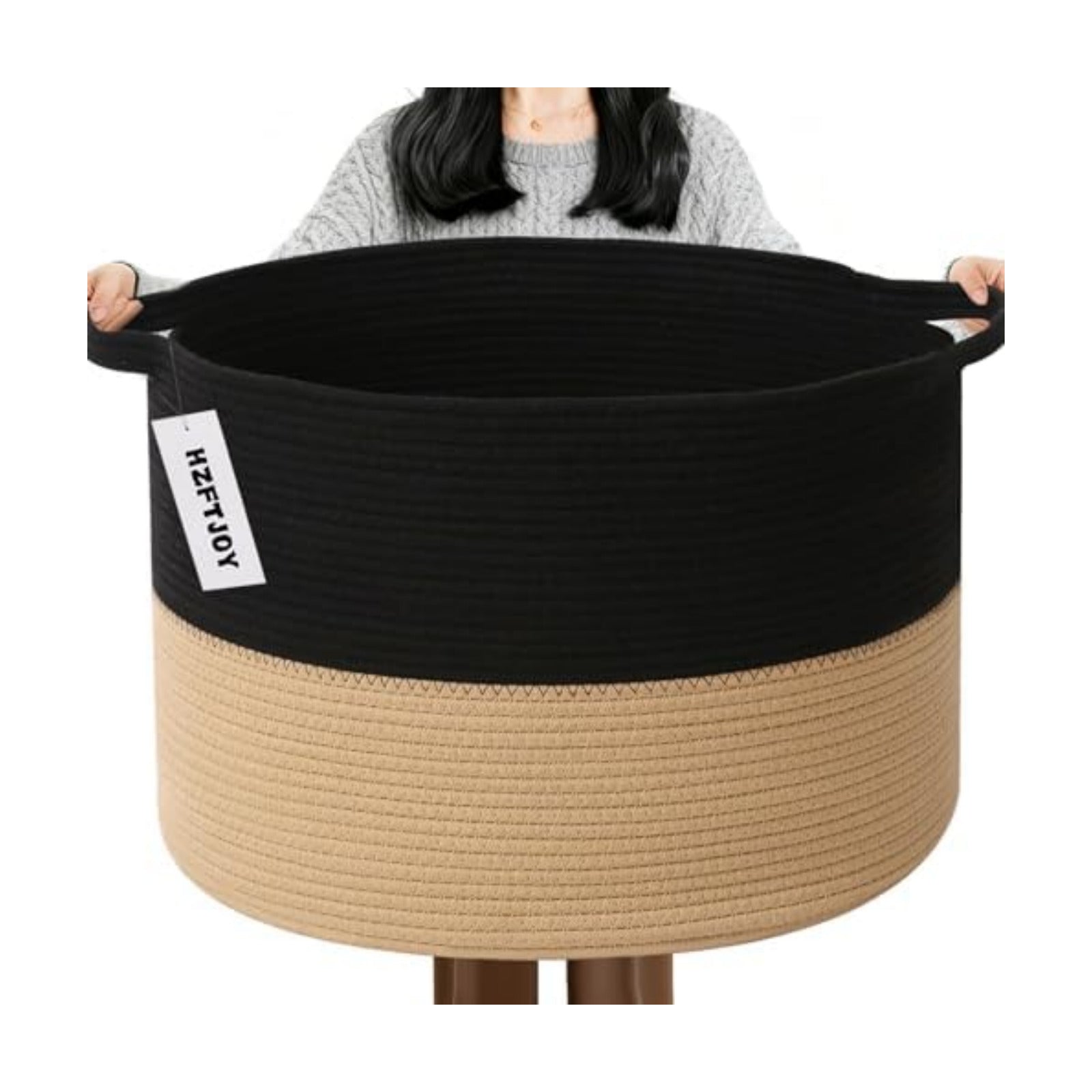 115L Extra Large Blanket Basket,Woven Laundry Basket-Black&Camel