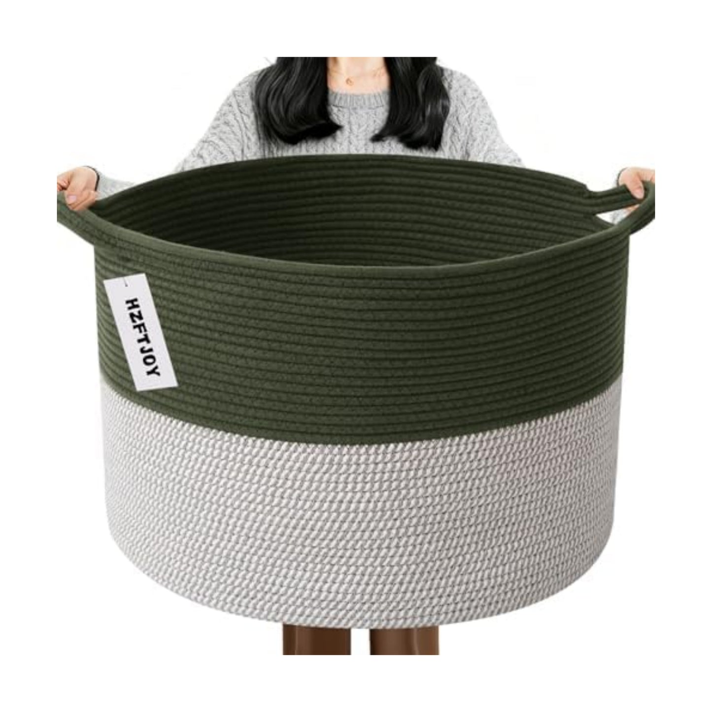65L Large Blanket Basket,Woven Rope Laundry Basket-Green&White
