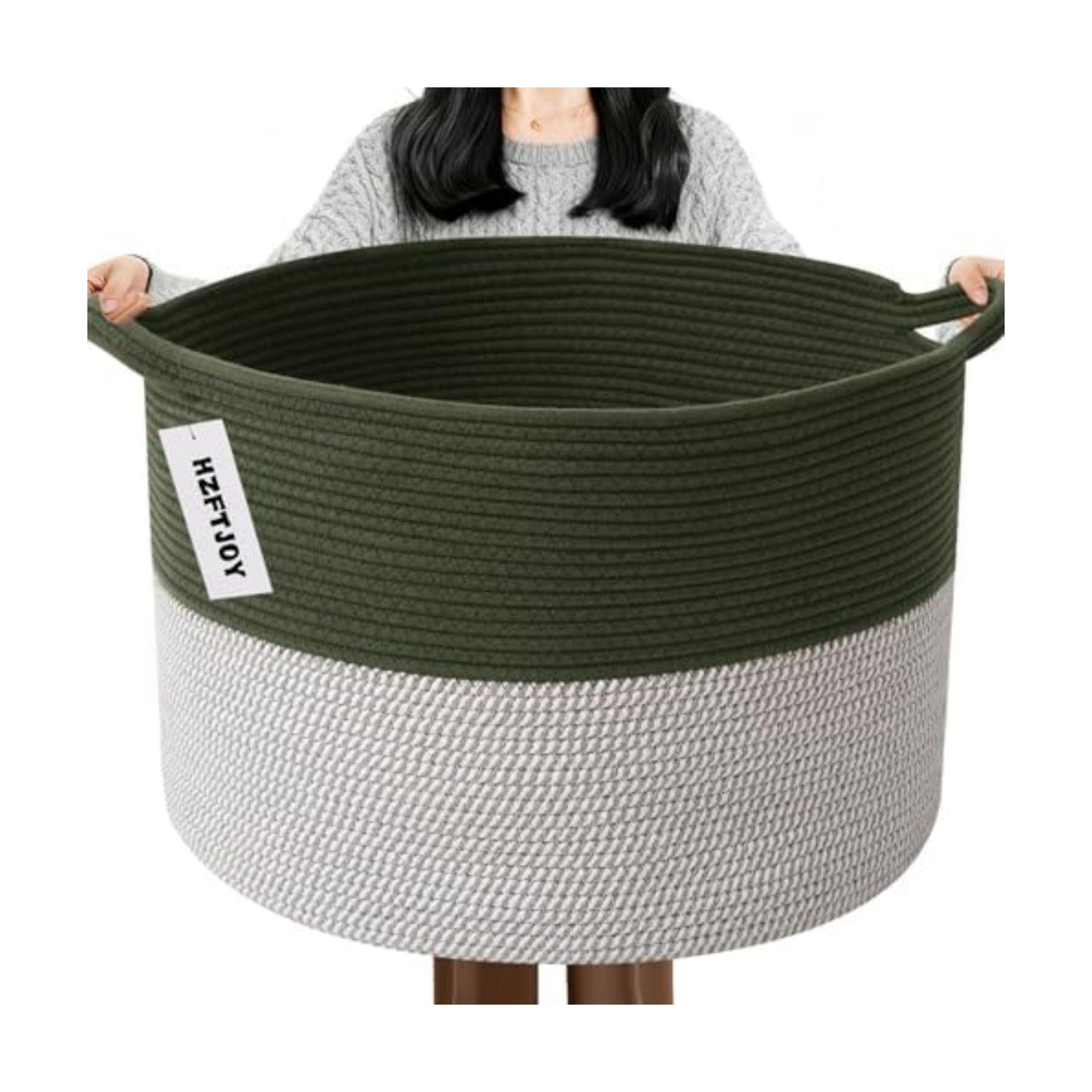 65L Large Blanket Basket,Woven Rope Laundry Basket-Green&White