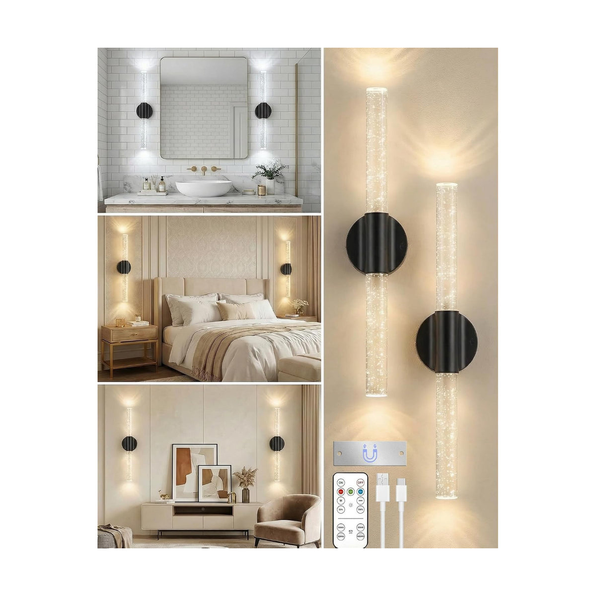 Black Rechargeable Wall Sconces Set of 2, Cordless Wall Lights | Wireless Magnetic Battery Sconces Wall Decor Set of 2