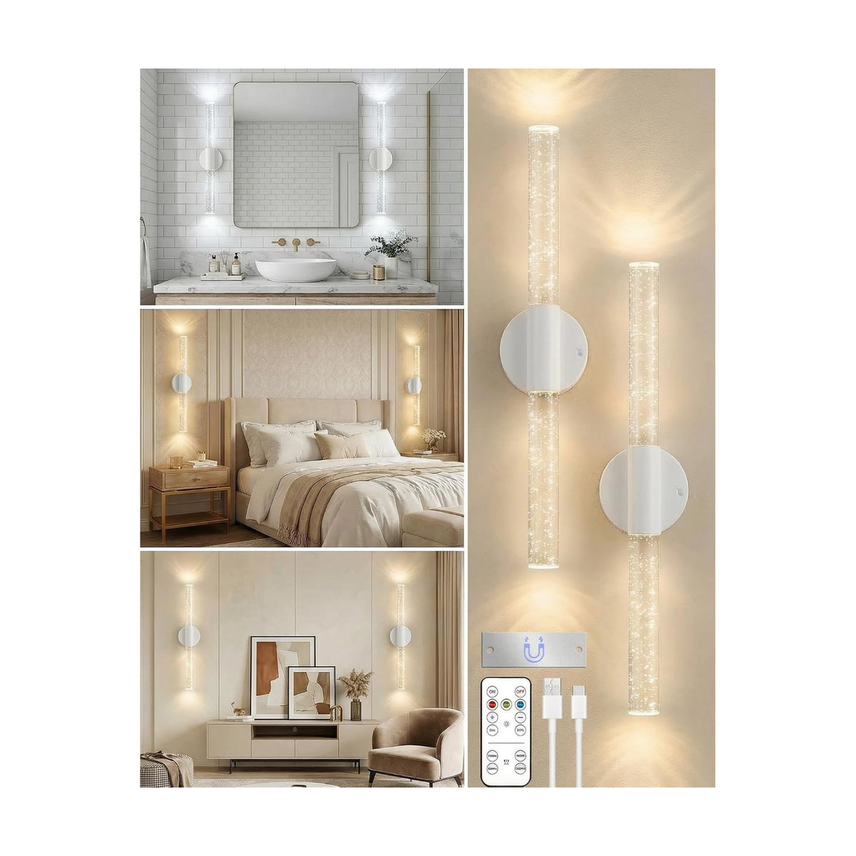 White Rechargeable Wall Sconces Set of 2, Wireless Wall Lights | White Battery Operated Wall Sconce Set with Remote &
