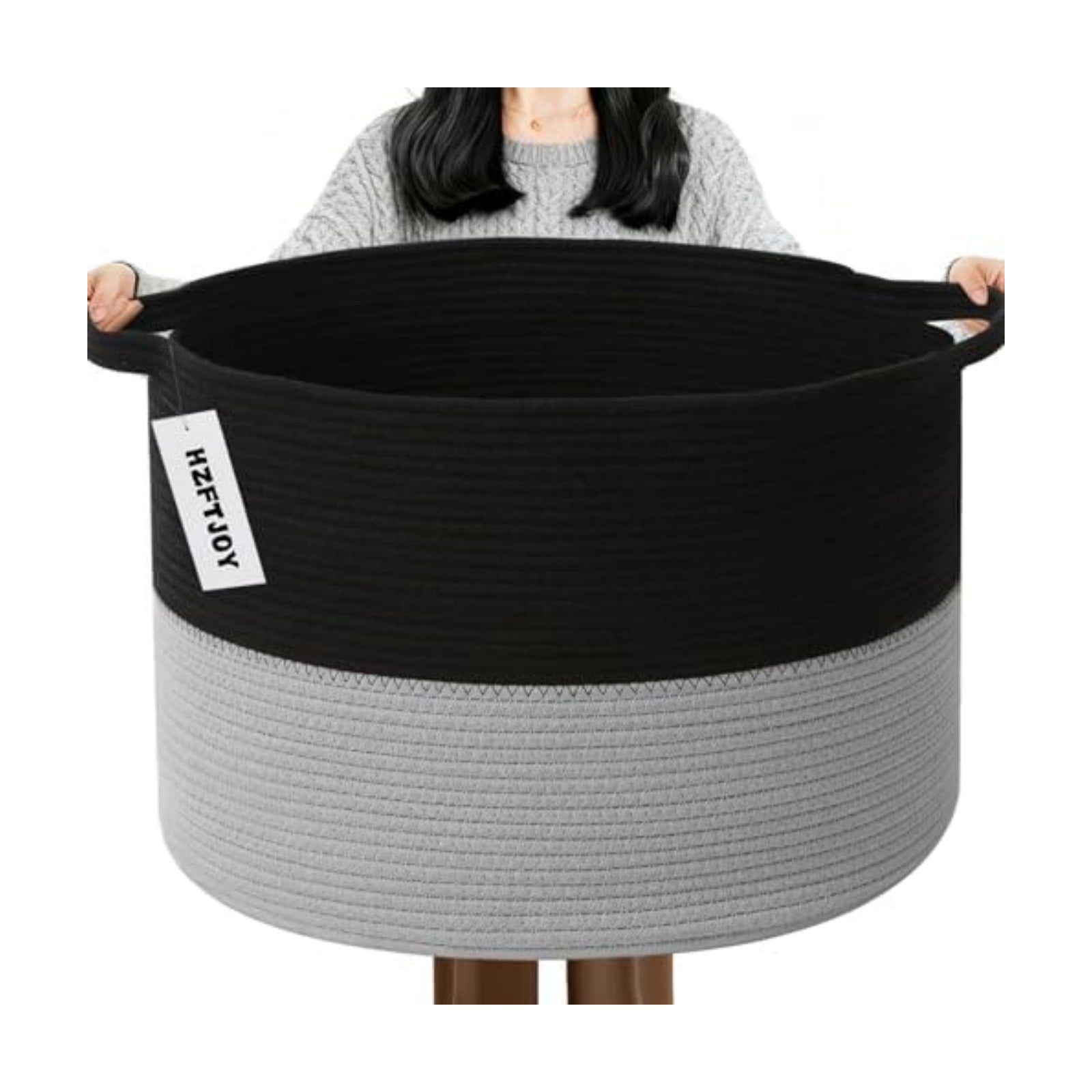 65L Large Blanket Basket,Woven Laundry Basket-Black&Light Grey