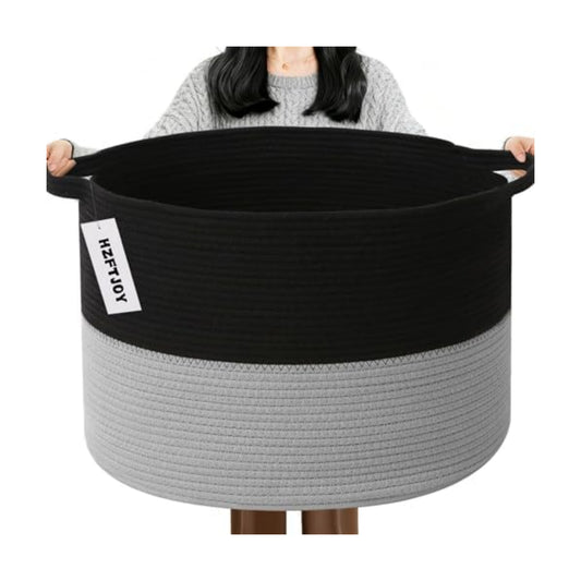 65L Large Blanket Basket,Woven Laundry Basket-Black&Light Grey