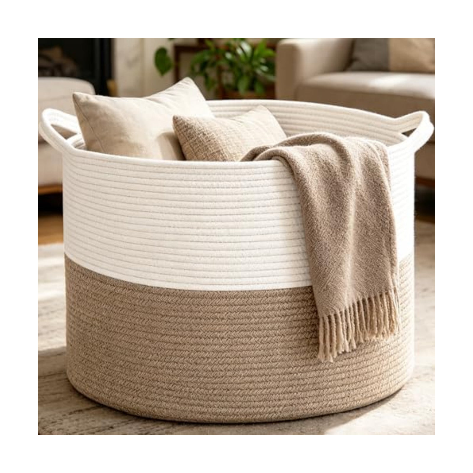 Large Woven Blanket Basket / White&brown / 19.7"L x 19.7"W x 13"H