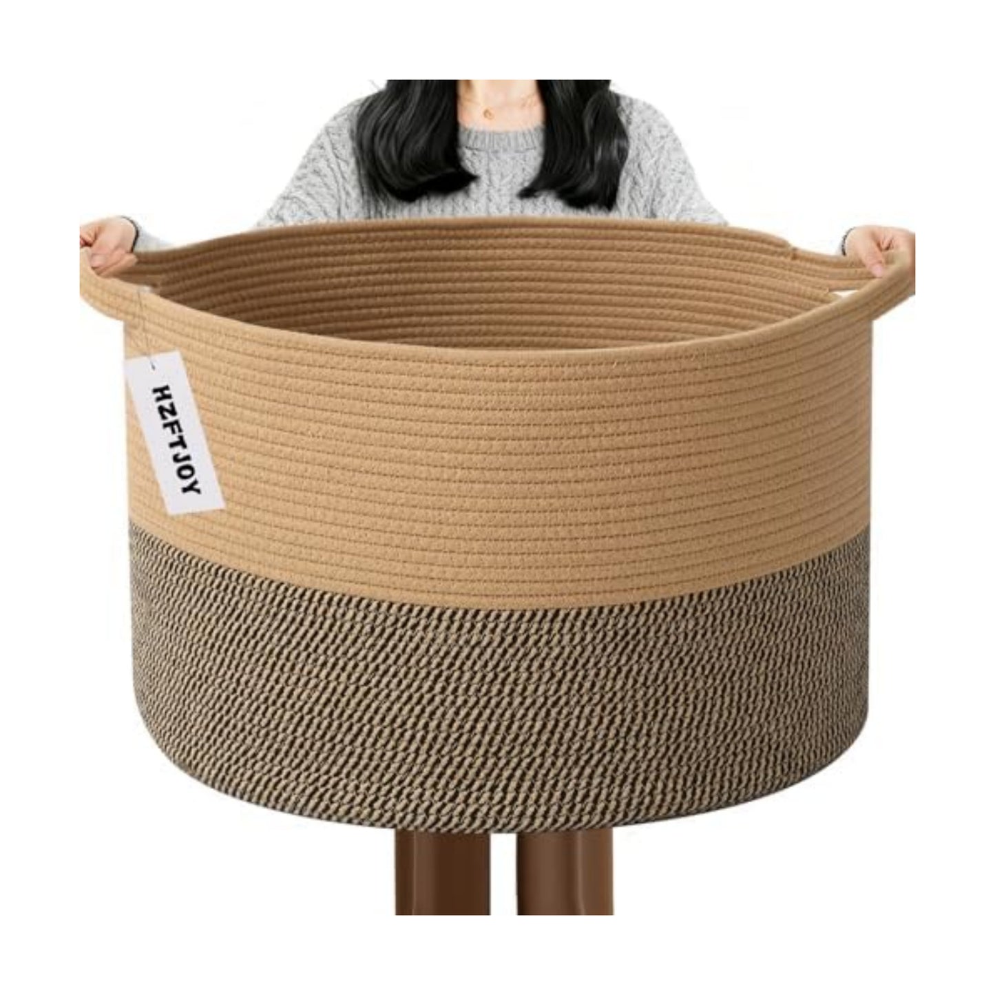 65L Large Blanket Basket,Rope Woven Laundry Baskets-Jute&Black