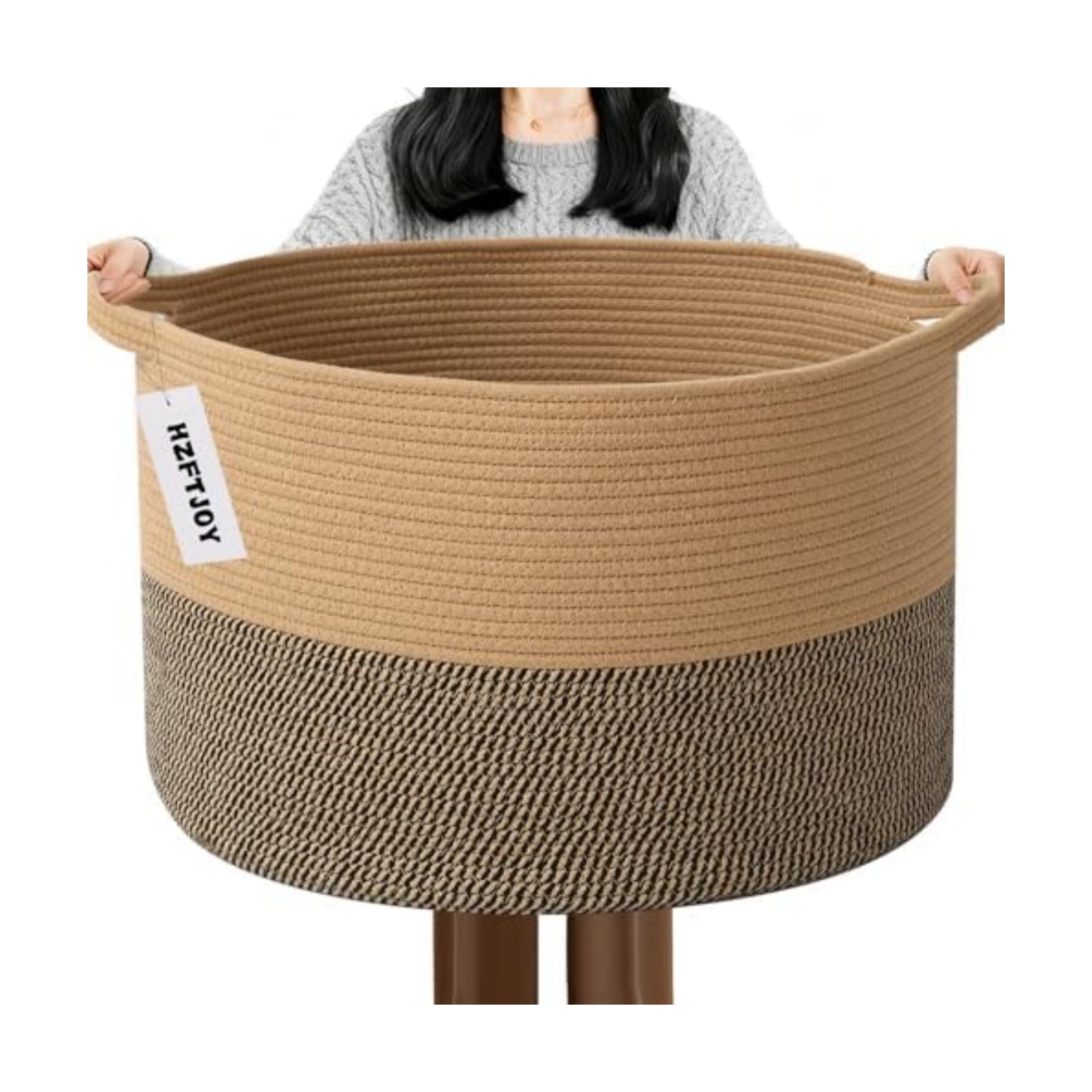 65L Large Blanket Basket,Rope Woven Laundry Baskets-Jute&Black