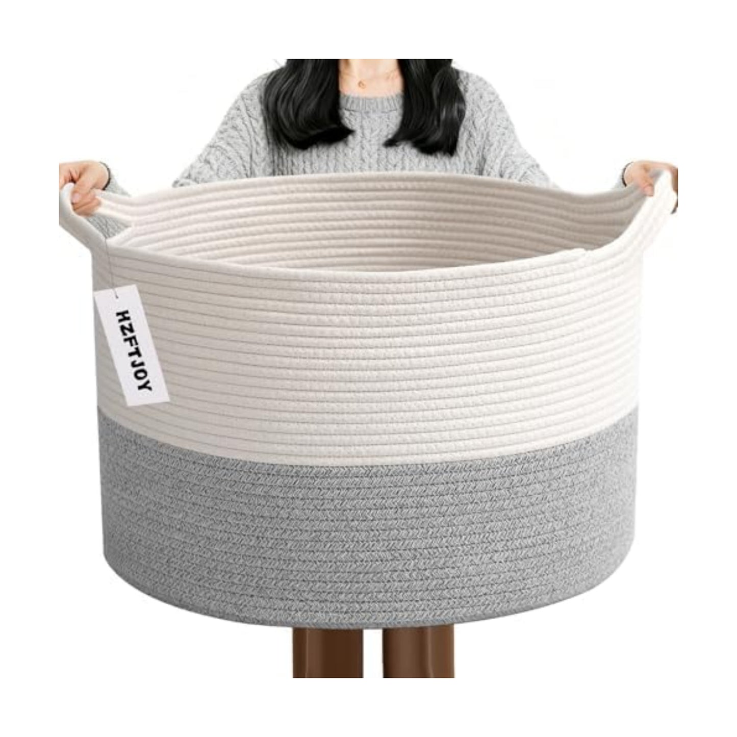 65L Large Blanket Basket,Woven Rope Laundry Basket-White&Grey