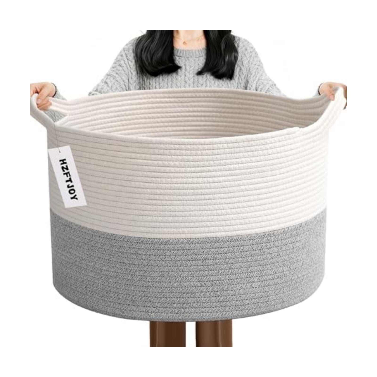 65L Large Blanket Basket,Woven Rope Laundry Basket-White&Grey