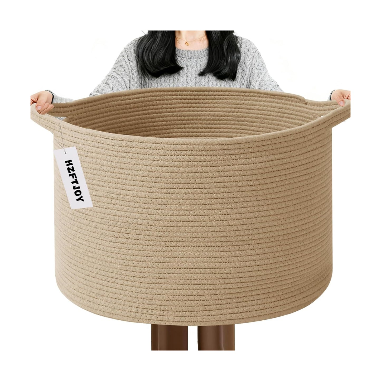 Woven Rope Laundry Basket Hamper / Camel / 19.7"L x 19.7"W x 13"H