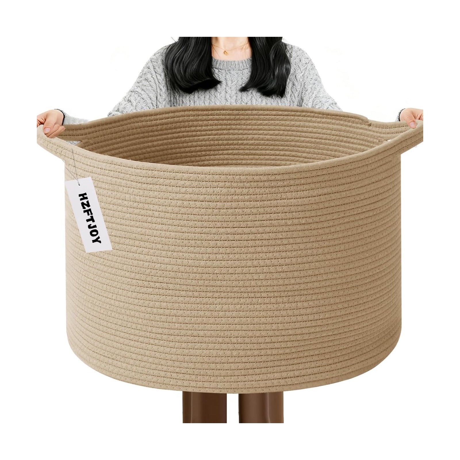 Woven Rope Laundry Basket Hamper / Camel / 19.7"L x 19.7"W x 13"H