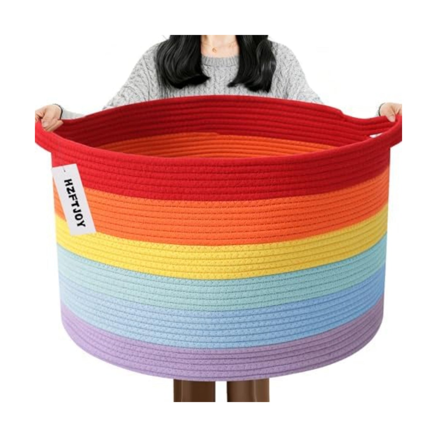 115L Large Blanket Basket,Rope Woven Laundry Basket-Rainbow