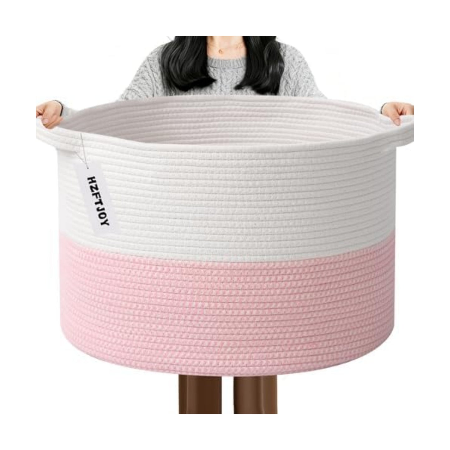 65L Large Pink Woven Cotton Rope Basket with Handles