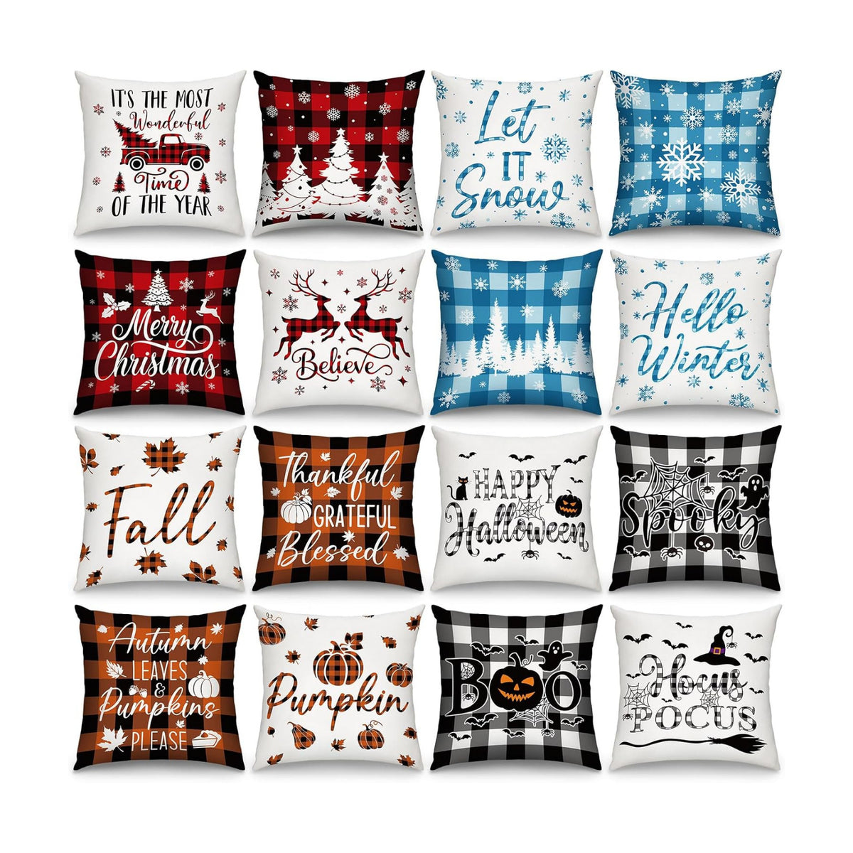 GlikCeil Set of 16 Christmas Pillow Covers 18 x 18 Inch Holiday Throw Pillow Covers Halloween Fall Winter Seasonal Pillowcases Decorative Cushion Pillowcases for Farmhouse Home Couch Sofa Decor