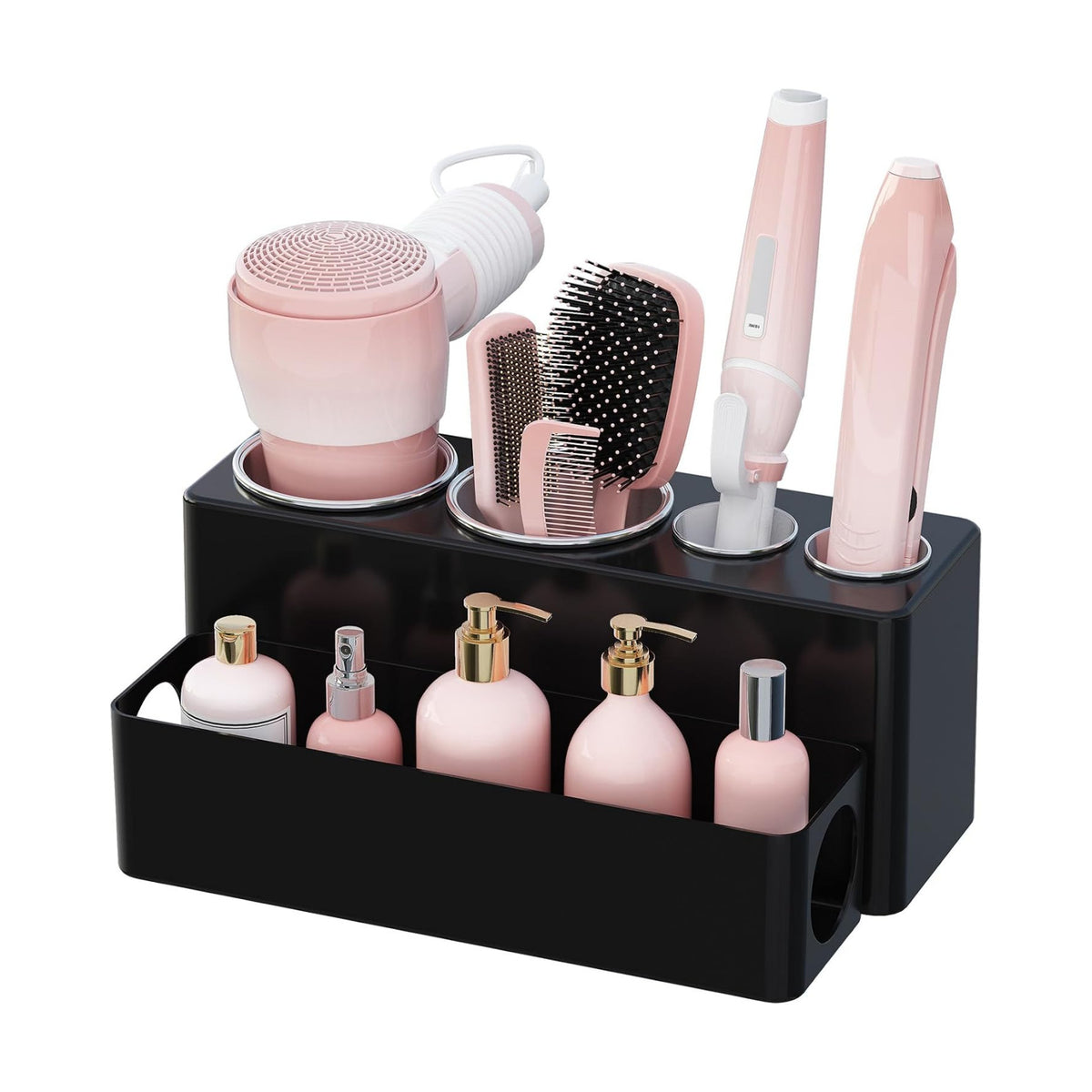 Lifewit Hair Tool Organizer Dryer Holder Countertop with 4 Cups, Black | 4 Stainless cups Tools Organizer, Acrylic body