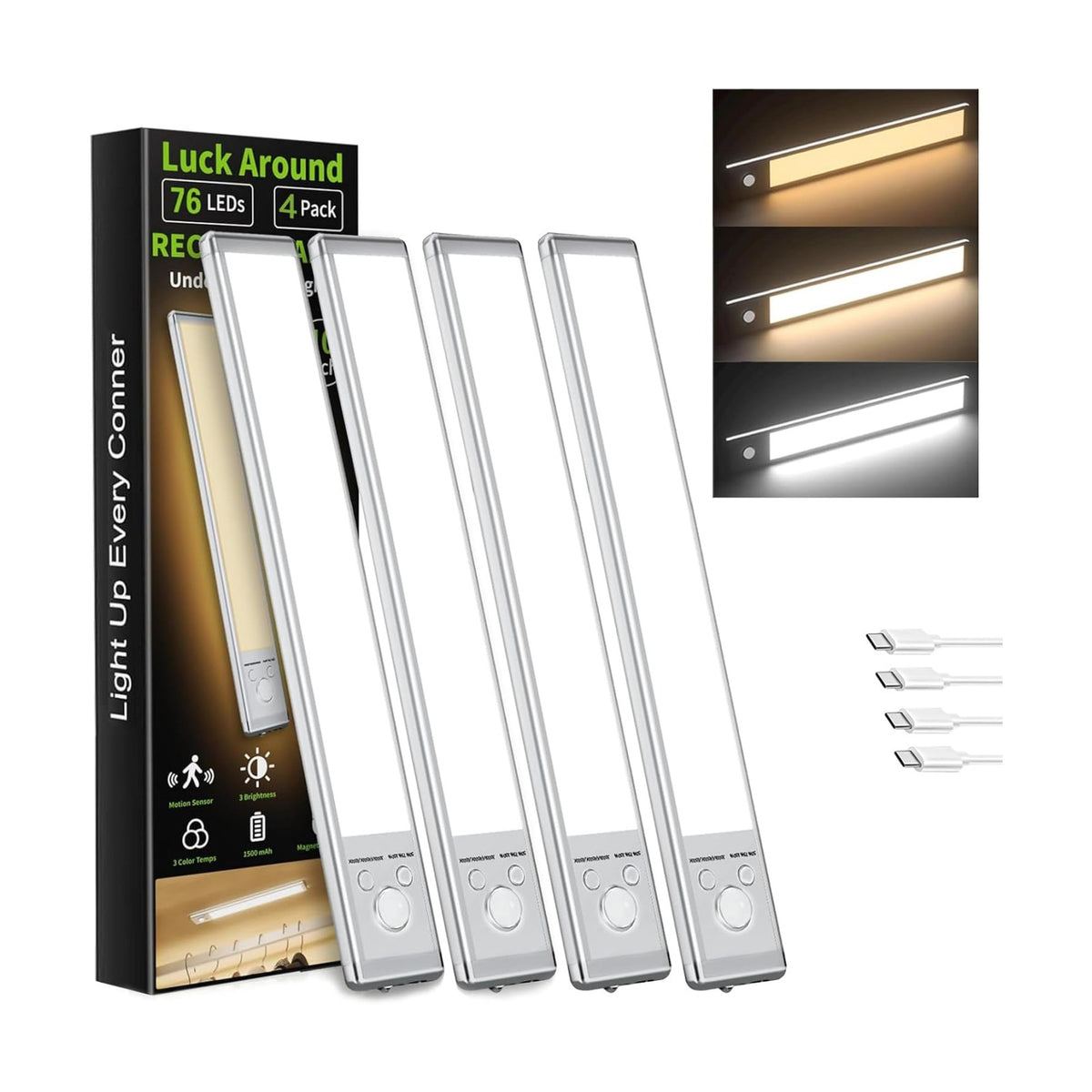 4 Pack Under Cabinet Lighting, 10in Rechargeable Motion Sensor Light Indoor | 3 Color Temperatures, 76 LEDs, Wireless
