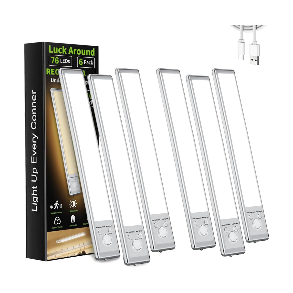 6 Pack Under Cabinet Lighting, 10in Rechargeable Motion Sensor Light Indoor | 3 Color Temperatures, 76 LEDs, Wireless