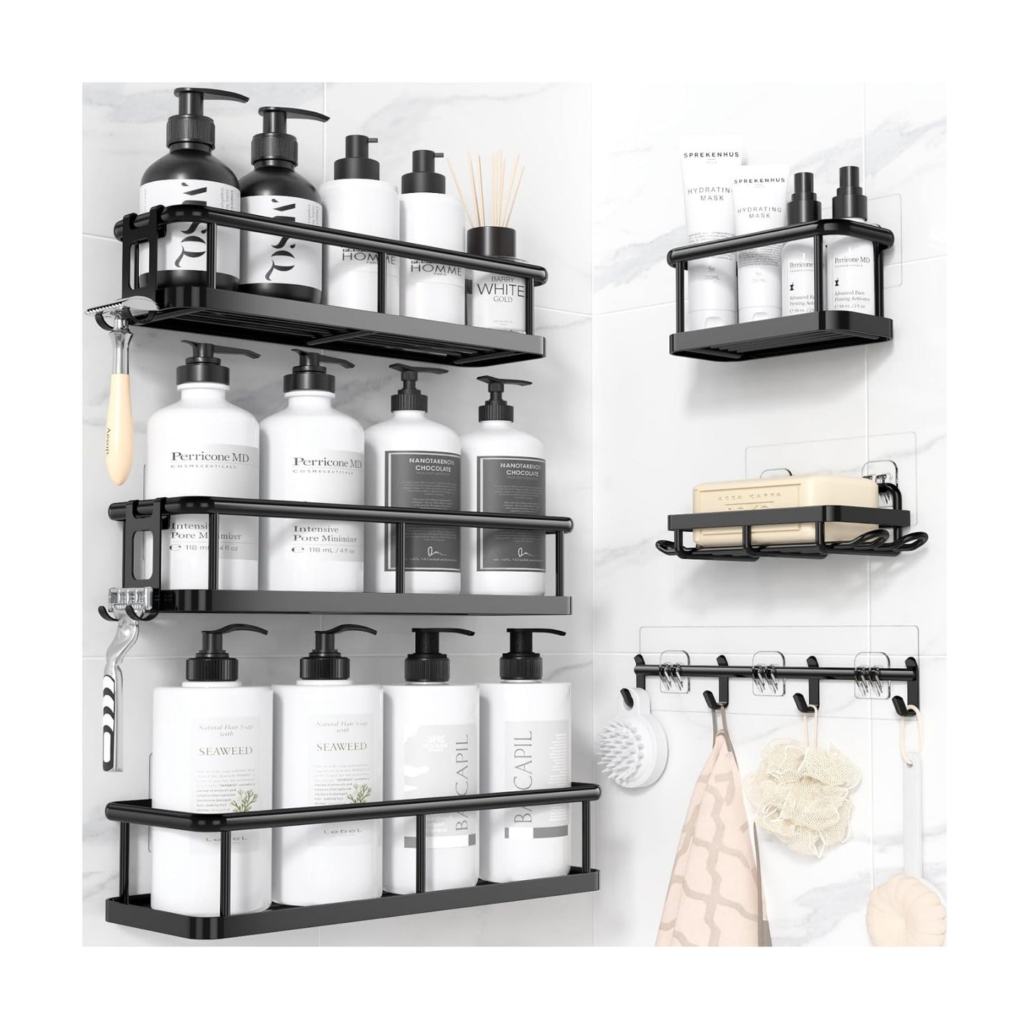YASONIC Shower Caddy Adhesive, Rustproof Shower Organizer with Soap Holder, Large Capacity Shower Shelves for Inside