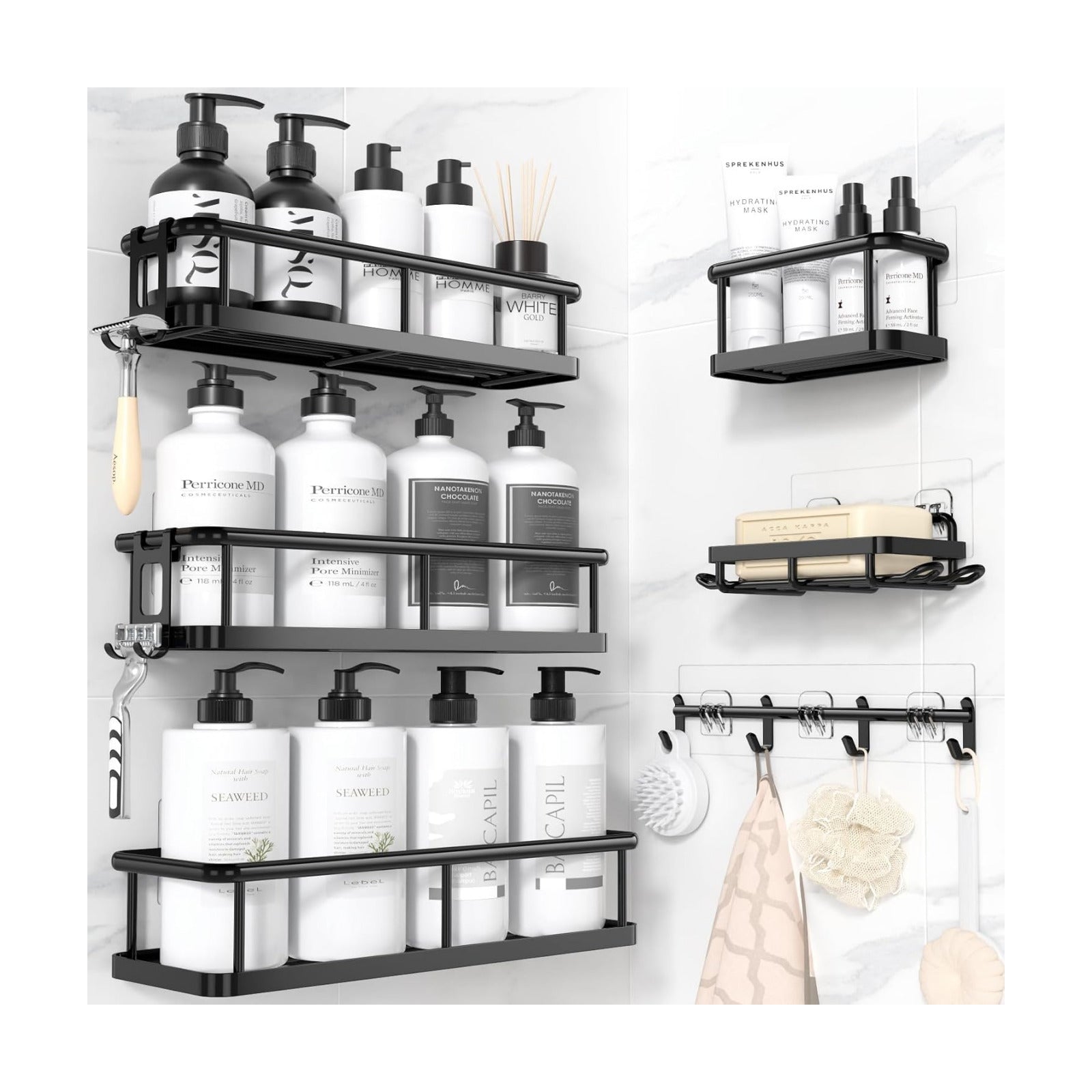 YASONIC Shower Caddy Adhesive, Rustproof Shower Organizer with Soap Holder, Large Capacity Shower Shelves for Inside