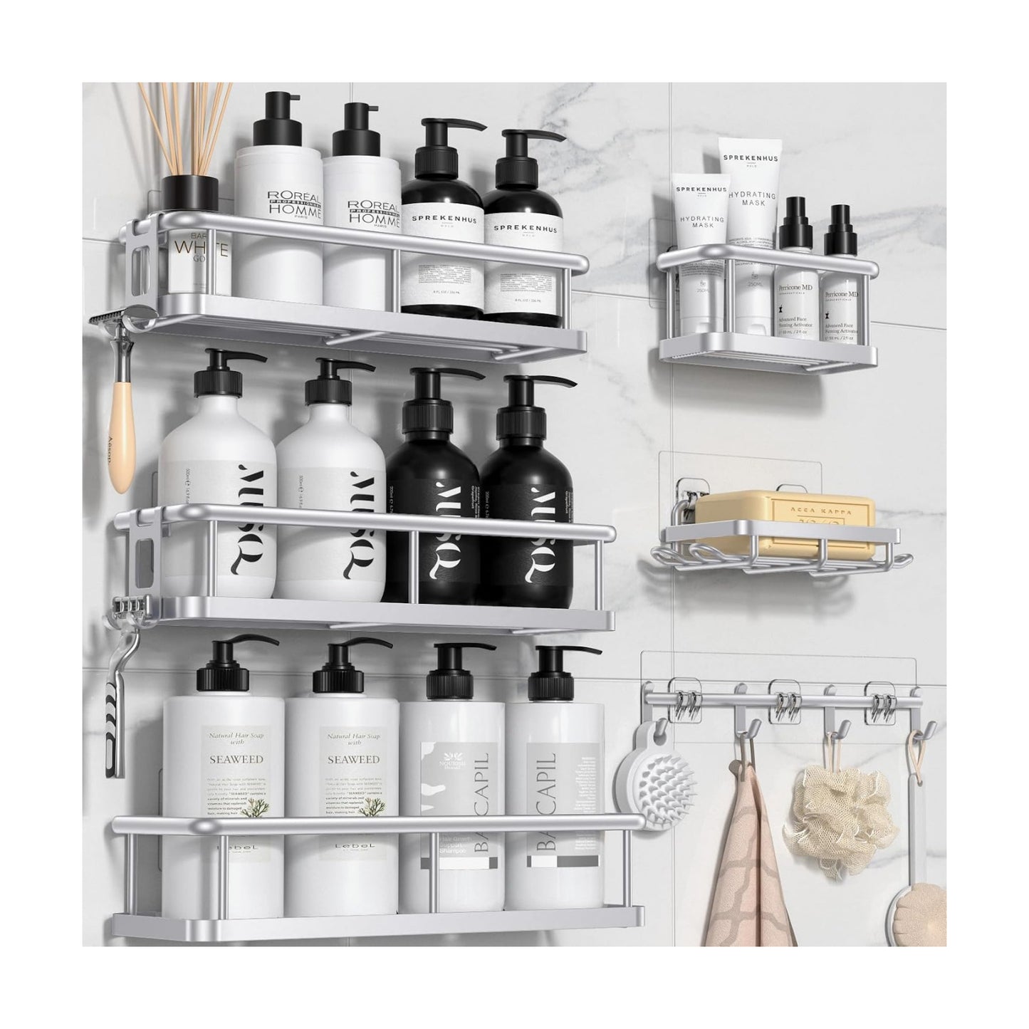 YASONIC Shower Caddy Adhesive, Rustproof Shower Organizer with Soap Holder, Large Capacity Shower Shelves for Inside