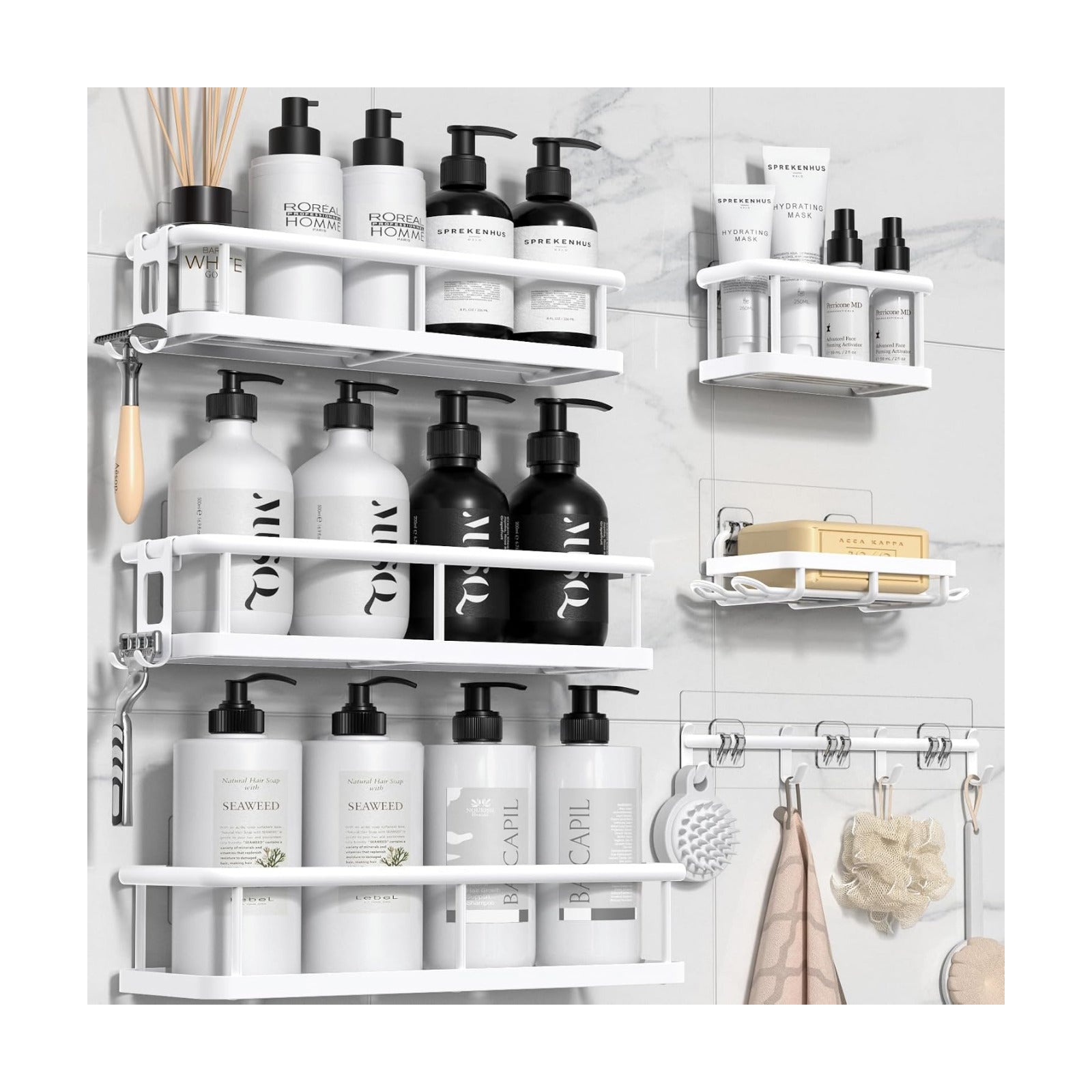 YASONIC Shower Caddy Adhesive, Rustproof Shower Organizer with Soap Holder, Large Capacity Shower Shelves for Inside