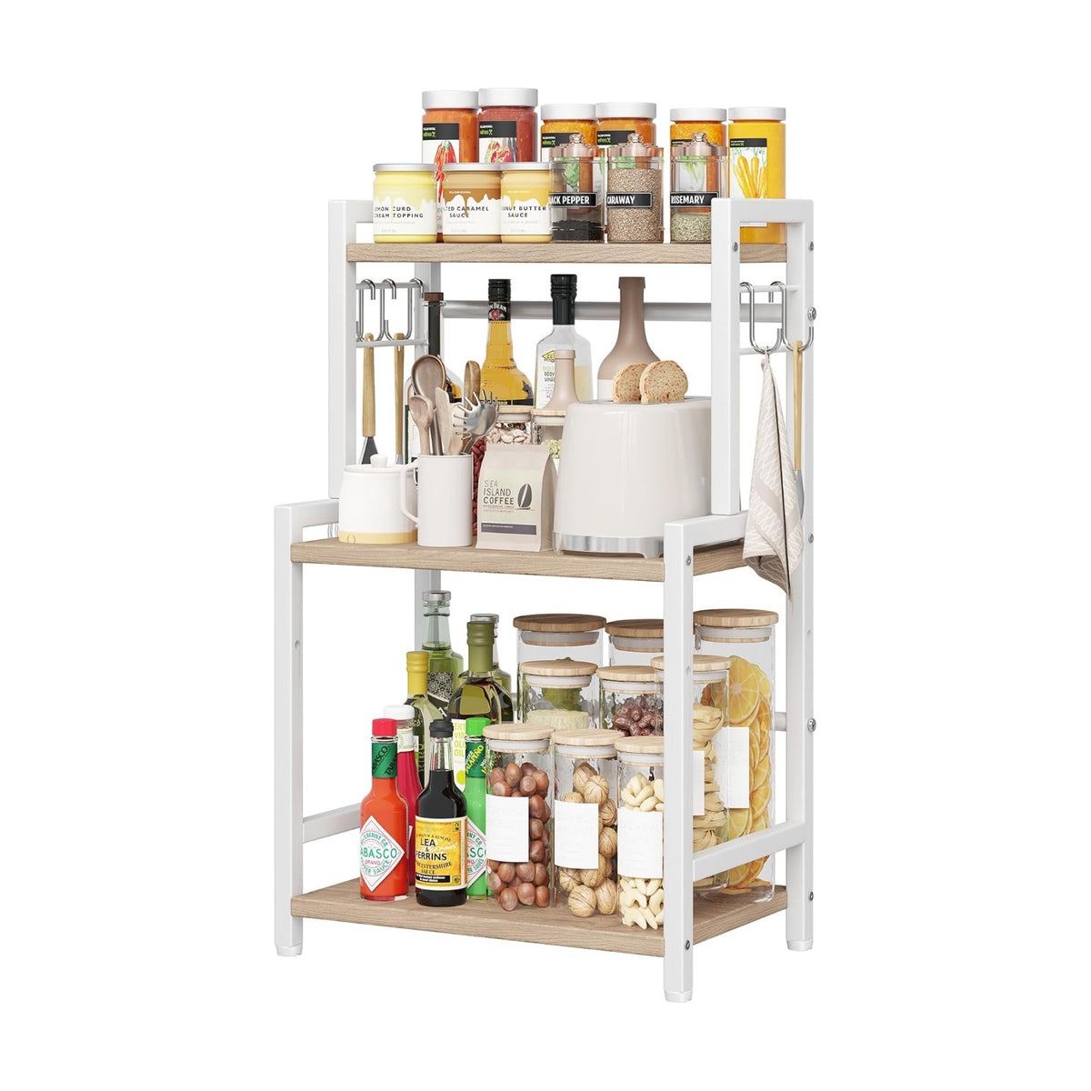 Kitchen Countertop Organizer, 3 Tier Large Spice Rack Organizer with Adjustable Shelf and 5 Hooks, Wooden Counter