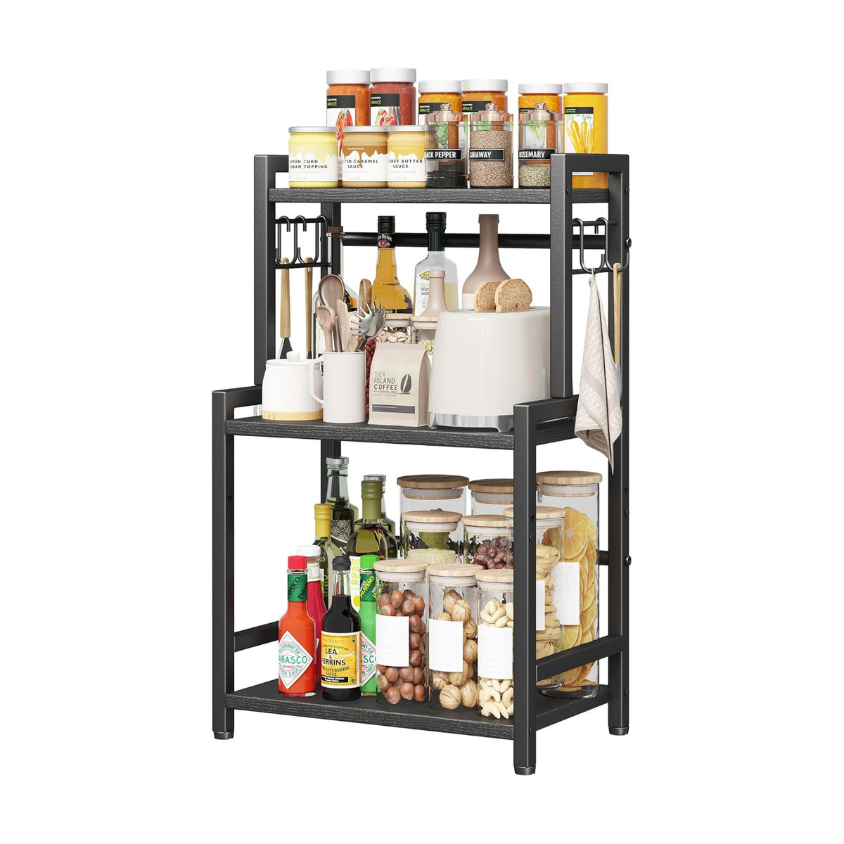 Kitchen Countertop Organizer, 3 Tier Large Spice Rack Organizer with Adjustable Shelf and 5 Hooks, Wooden Counter