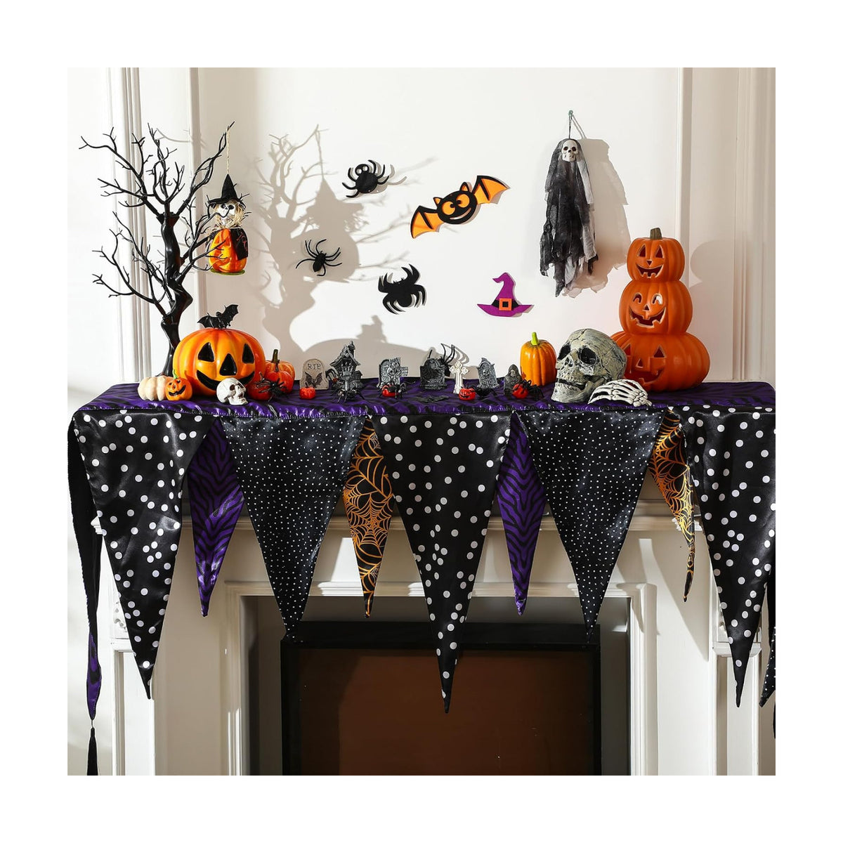 VitalCozy Halloween Fireplace Mantel Scarf Purple Orange Black,Spider Web