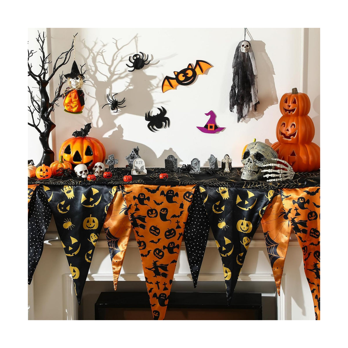 VitalCozy Halloween Fireplace Mantel Scarf Purple Orange Black,Bat