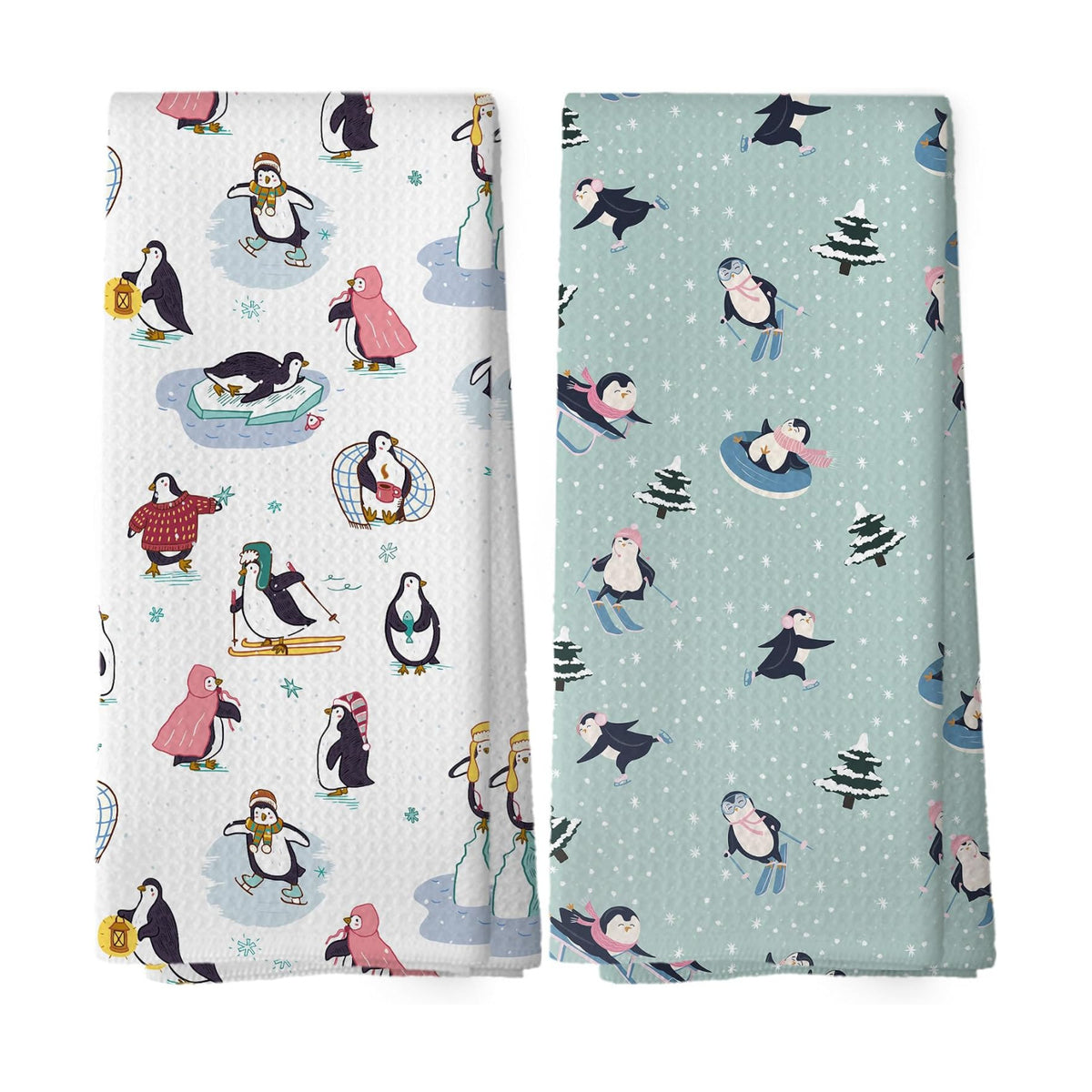 XPH Winter Penguin Kitchen Dish Towels Set of 2, Cute Penguin Gifts for Women Kids, Ski Gifts for Women, Cozy Winter Skiing Wild Animals Hand Towels Kitchen Tea Towel Decorations, 16x24inch