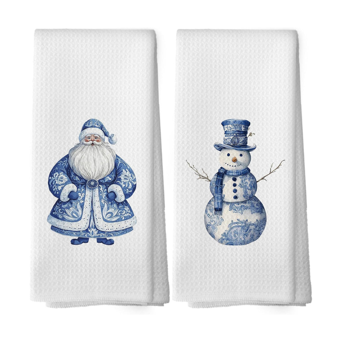 XPH Chinoiserie Christmas Kitchen Dish Towels Set of 2, Santa Gifts for Women, Winter Blue and White Chinoiserie Christmas Santa Claus Snowman Hand Towels Kitchen Tea Towel Decorations, 16x24inch