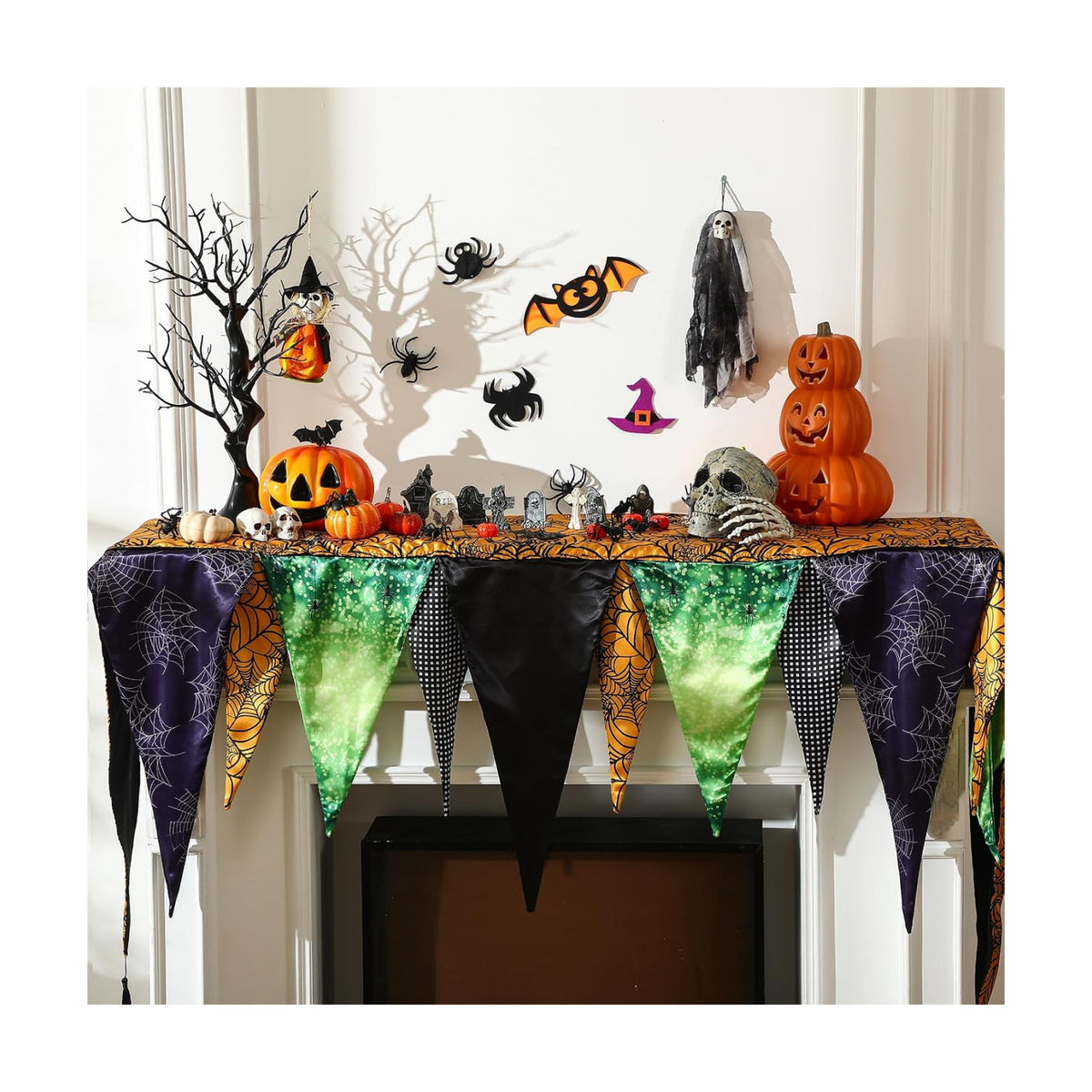 VitalCozy Halloween Fireplace Mantel Scarf Purple Orange Black,Pumpkin
