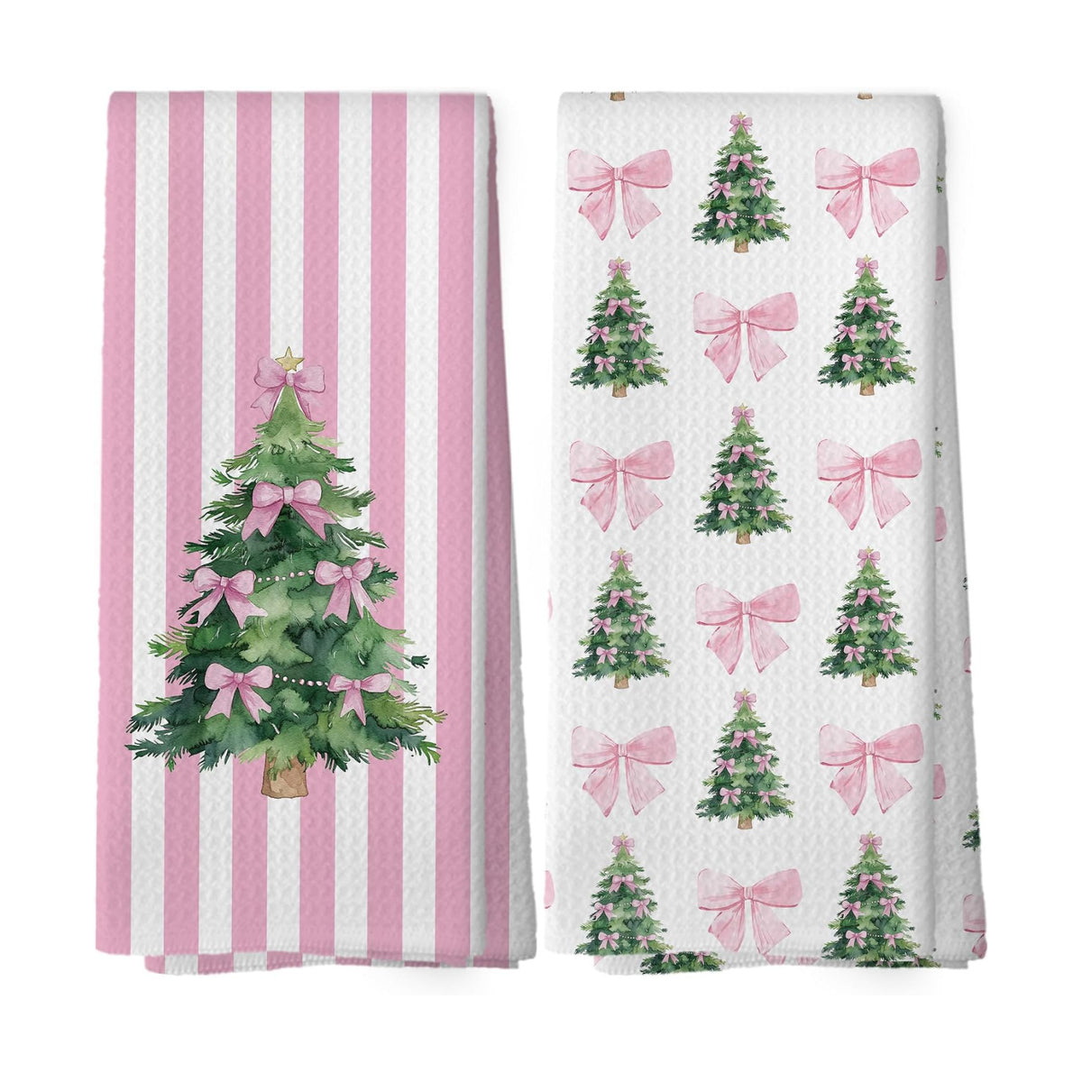 XPH Coquette Pink Bow Christmas Tree Kitchen Dish Towels Set of 2, Christmas Kitchen Gifts, Preppy Pink Bow Xmas Tree Hand Towels Tea Towel Decorations, Girly Bathroom Decor, 16x24inch