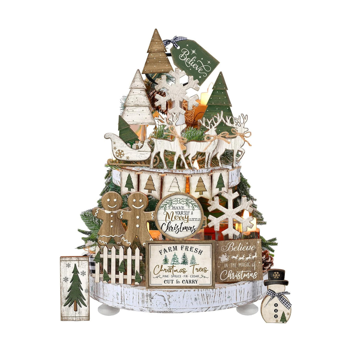 Shellwei 22 Pcs Christmas Tiered Tray Decor Set Wood Rustic Gingerbread Christmas Decoration Winter Farmhouse Decor Xmas Trees Gnome Elk Snowflake Signs for Table Shelf Home Centerpiece (Fresh)