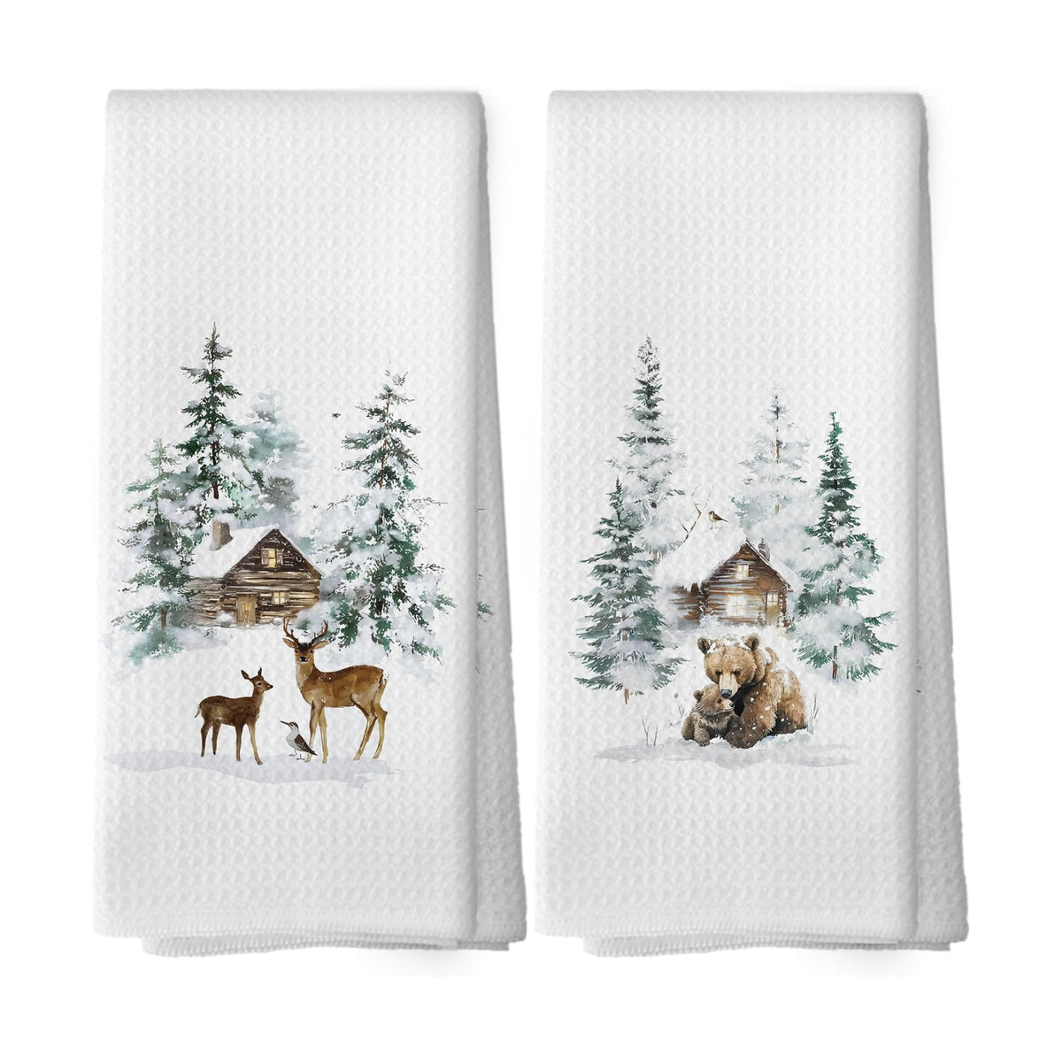 XPH Winter Deer Bear Kitchen Dish Towels Set of 2, Deer Gifts for Women, Bear Gifts, Rustic Farmhouse Cabin Wildlife Animals Hand Towels Kitchen Tea Towel Decorations, 16x24inch
