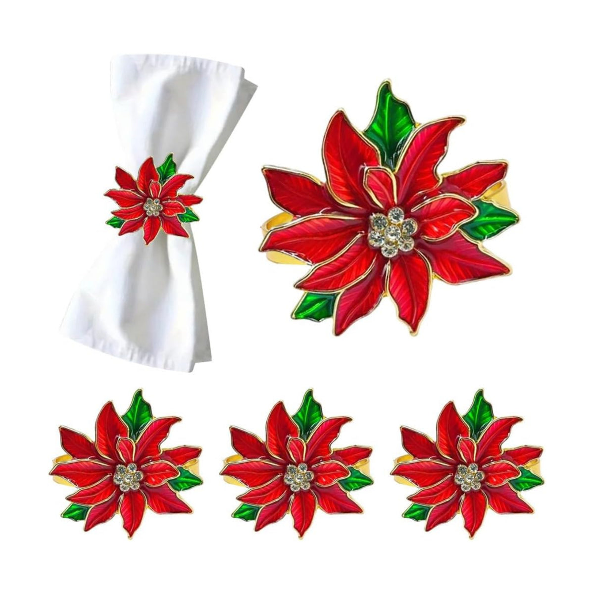 Poinsettia Napkin Rings Set of 6, Xmas Party Red Flower Napkin Holder Buckles, Thanksgiving Christmas Napkin Rings (Dark Red, One Size)