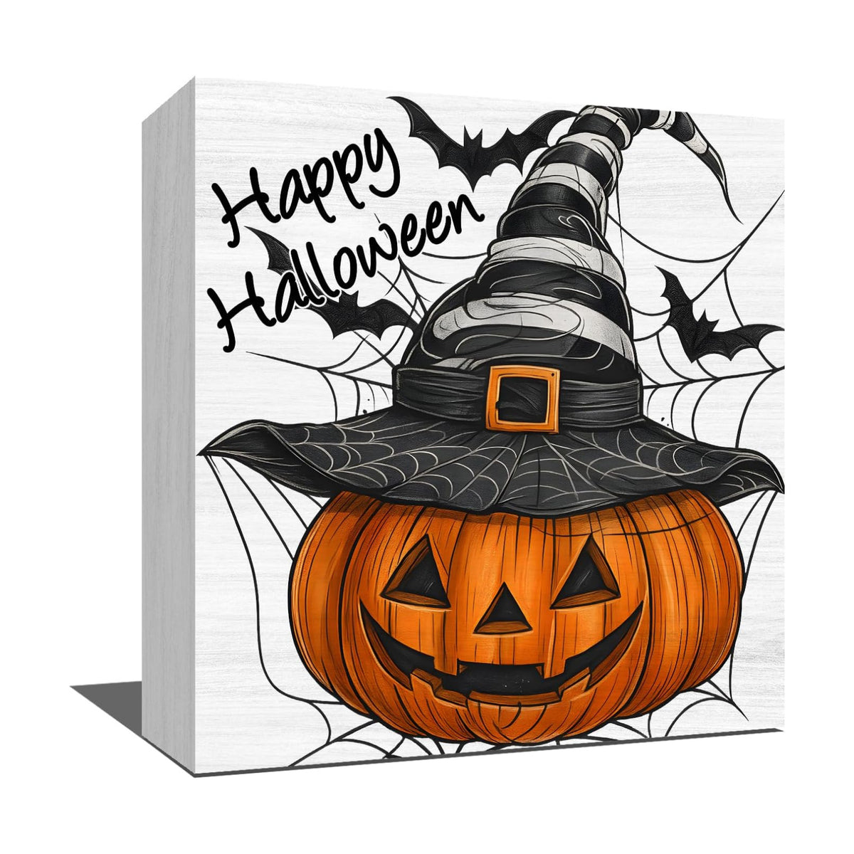 Happy Halloween Sign, Fall Halloween Pumpkin Decor, Jack o Lantern Wooden Square Sign for Home Office Desk Decor 5 x 5 Inches